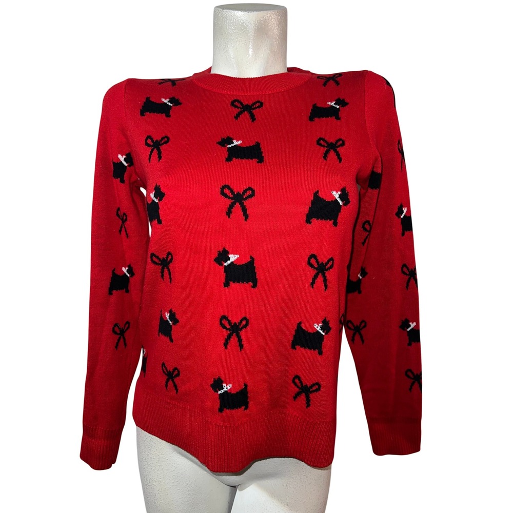 Charter Club Red Scottie Dog Rhinestone Bow Crew Neck Sweater Petite Small PS